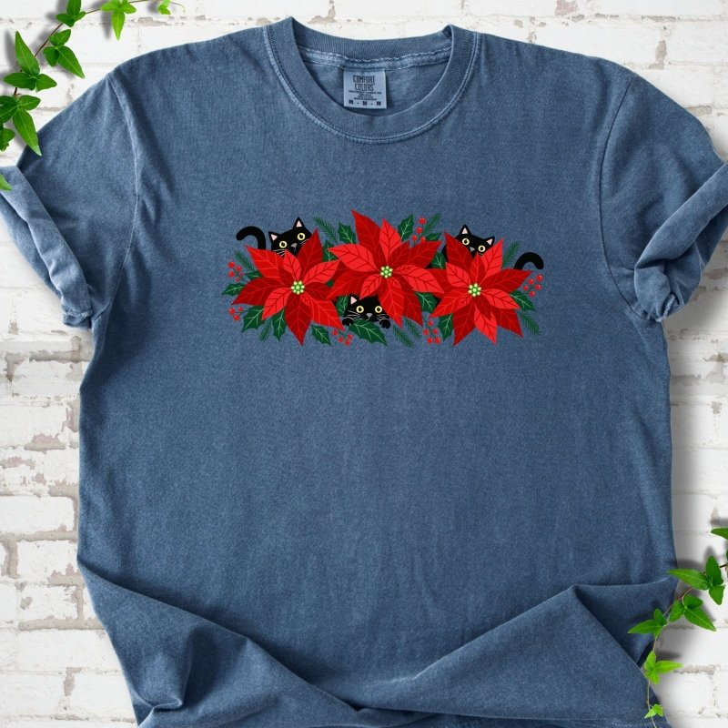 Denim Comfort Colors® T-shirt shown flat with black cats peeking through red poinsettias and holiday greenery