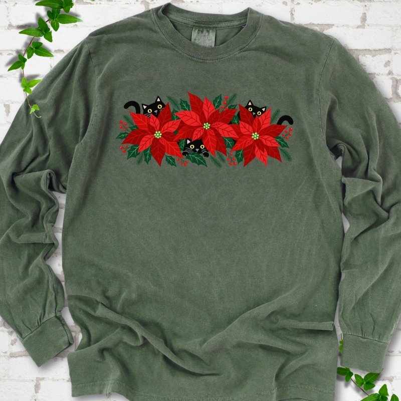 Hemp Comfort Colors® long sleeve T-shirt shown flat with black cats peeking through red poinsettias and holiday greenery