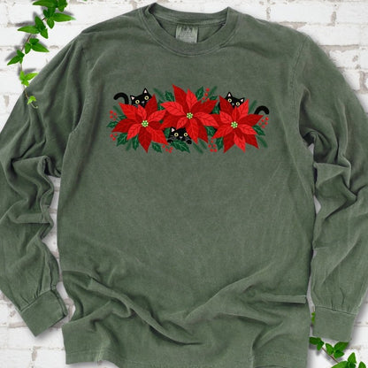 Hemp Comfort Colors® long sleeve T-shirt shown flat with black cats peeking through red poinsettias and holiday greenery