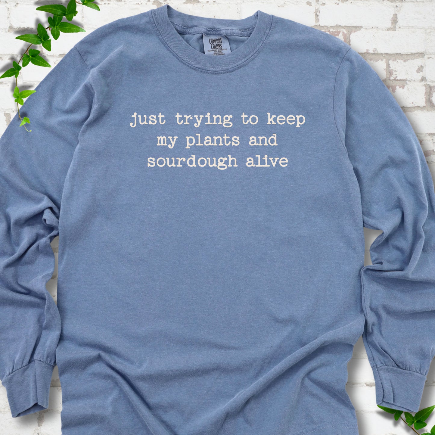 Blue Jean Comfort Colors® long sleeve T-shirt front mockup featuring the words “just trying to keep my plants and sourdough alive.”