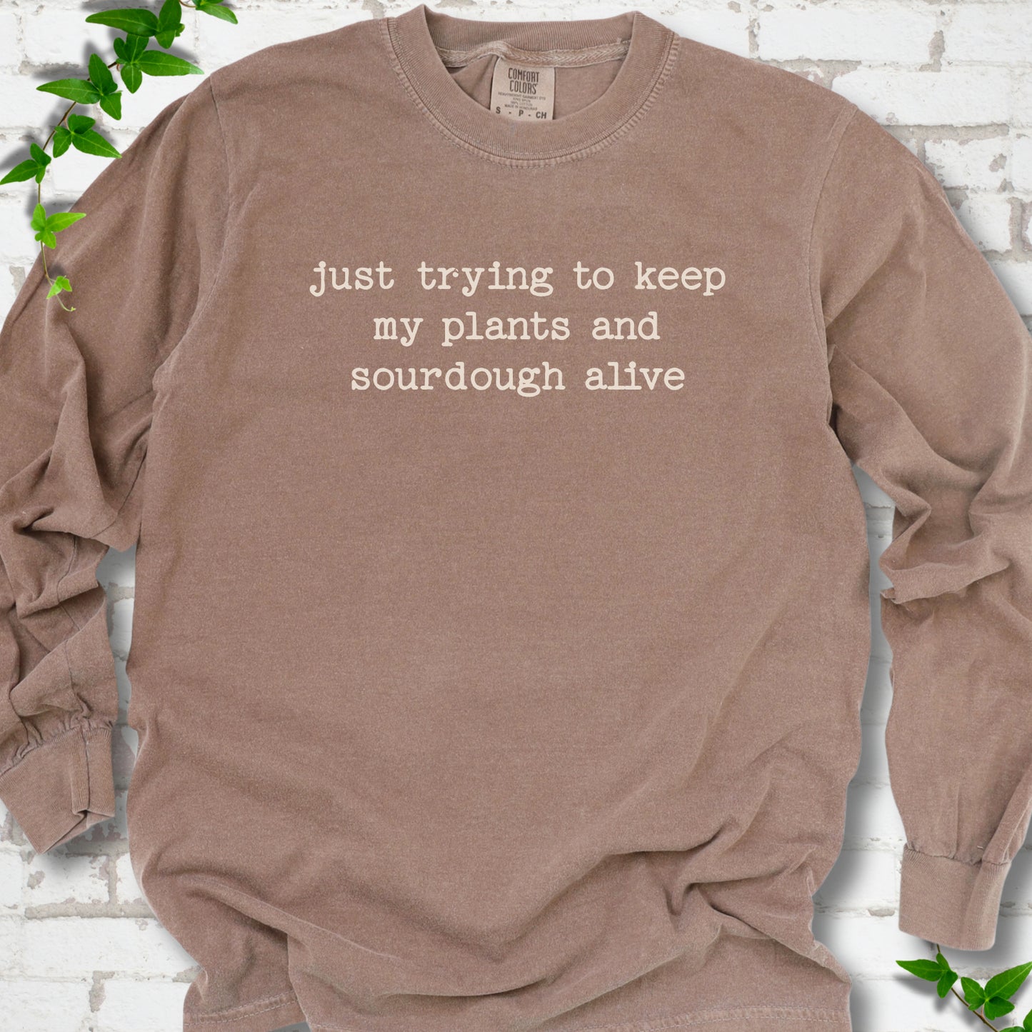 Espresso Comfort Colors® long sleeve T-shirt front mockup featuring the words “just trying to keep my plants and sourdough alive.”