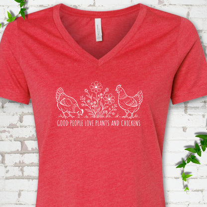 Heather Red women's V-neck T-shirt flat lay with white line-art hens and flowers above the words "Good People Love Plants and Chickens."
