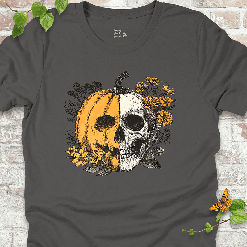 Dark Grey Lightweight Halloween T-shirt with skull and pumpkin for spooky plant lovers