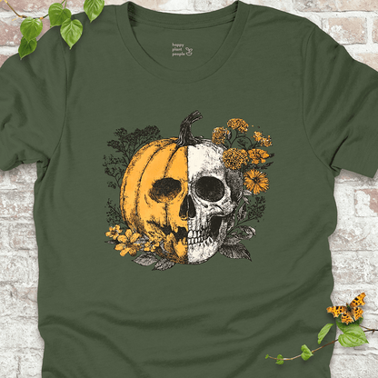 Military Green Goth garden tee with cozy fall skull and pumpkin design