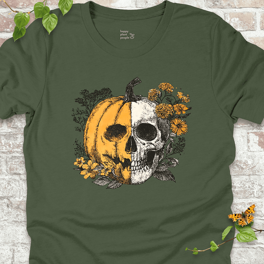 Military Green Goth garden tee with cozy fall skull and pumpkin design