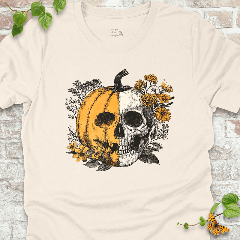 Natural Soft Bella+Canvas tee with spooky pumpkin and skull for cozy plant lovers