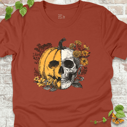 Rust Fall T-shirt for plant lovers with witchy skull and pumpkin graphic
