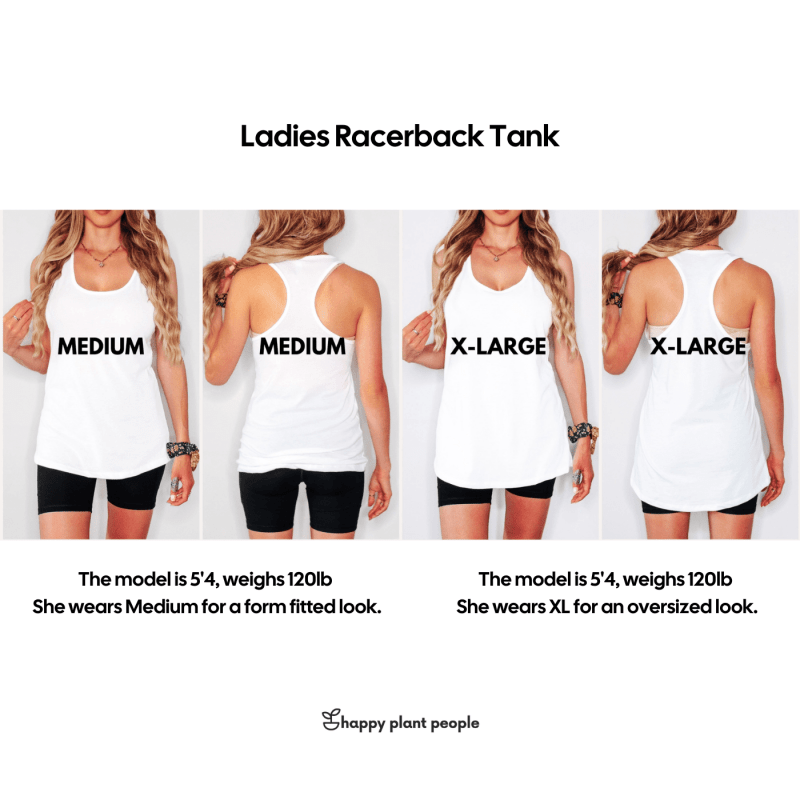 Side-by-side fit guide showing a 5'4", 120lb model wearing a Ladies Racerback Tank in size Medium (form fitted) and XL (oversized). Front and back views included.