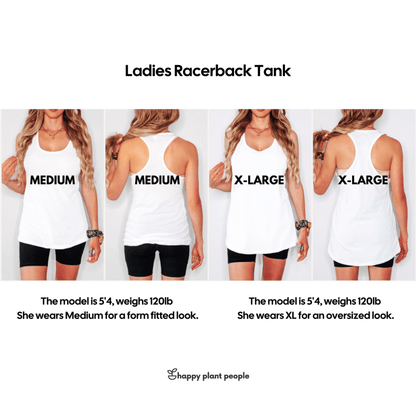 Side-by-side fit guide showing a 5'4", 120lb model wearing a Ladies Racerback Tank in size Medium (form fitted) and XL (oversized). Front and back views included.