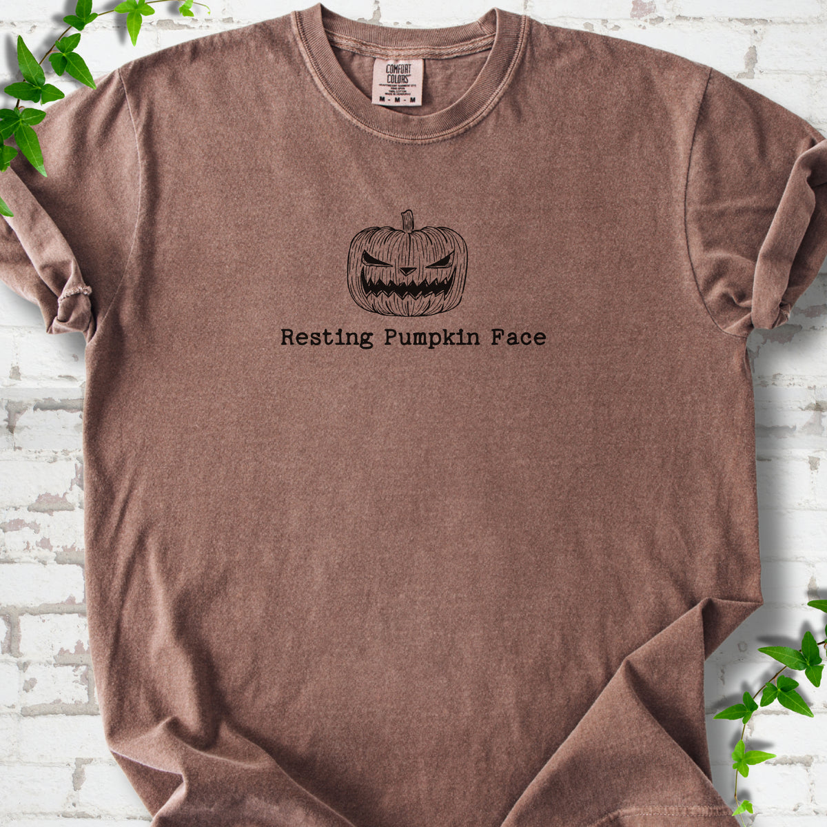 Resting Pumpkin Face funny Halloween T-shirt in Espresso with jack-o'-lantern face graphic