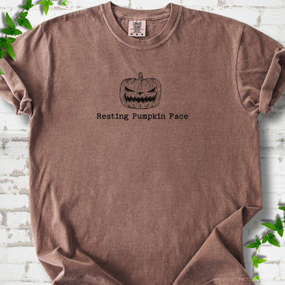 Resting Pumpkin Face funny Halloween T-shirt in Espresso with jack-o'-lantern face graphic