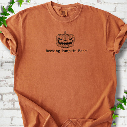 Resting Pumpkin Face funny Halloween T-shirt in Yam with jack-o'-lantern face graphic