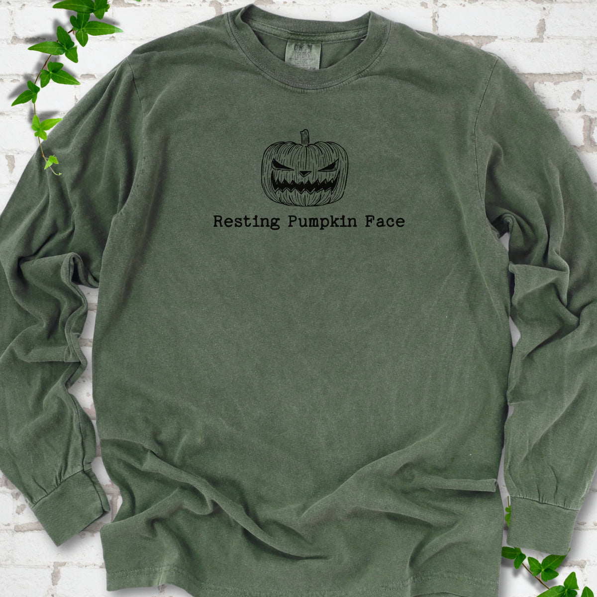 Resting Pumpkin Face funny Halloween long sleeve shirt in Hemp with jack-o'-lantern face graphic