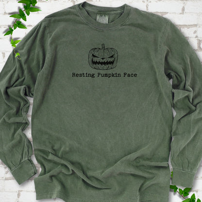 Resting Pumpkin Face funny Halloween long sleeve shirt in Hemp with jack-o'-lantern face graphic
