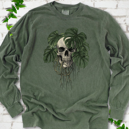 Hemp Comfort Colors T-shirt shown flat with the Root Bound Monstera skull and trailing roots graphic