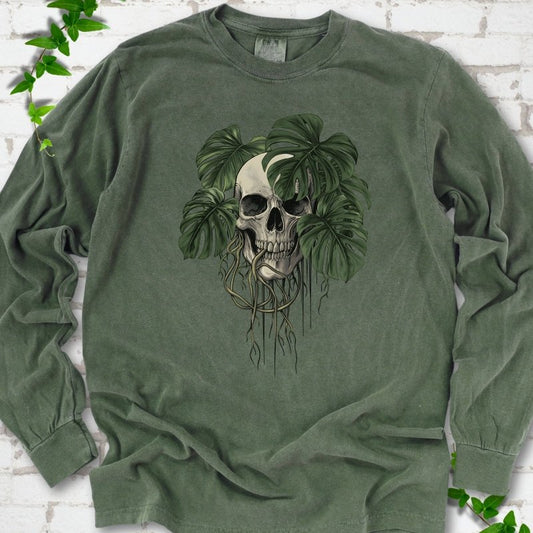 Hemp Comfort Colors T-shirt shown flat with the Root Bound Monstera skull and trailing roots graphic