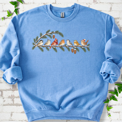 Carolina Blue classic sweatshirt laid flat, featuring seven songbirds on snowy evergreen branches with pinecones. Some birds wear scarves, and one wears a knit hat.