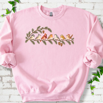 Light Pink classic sweatshirt laid flat, featuring seven songbirds on snowy evergreen branches with pinecones. Some birds wear scarves, and one wears a knit hat.