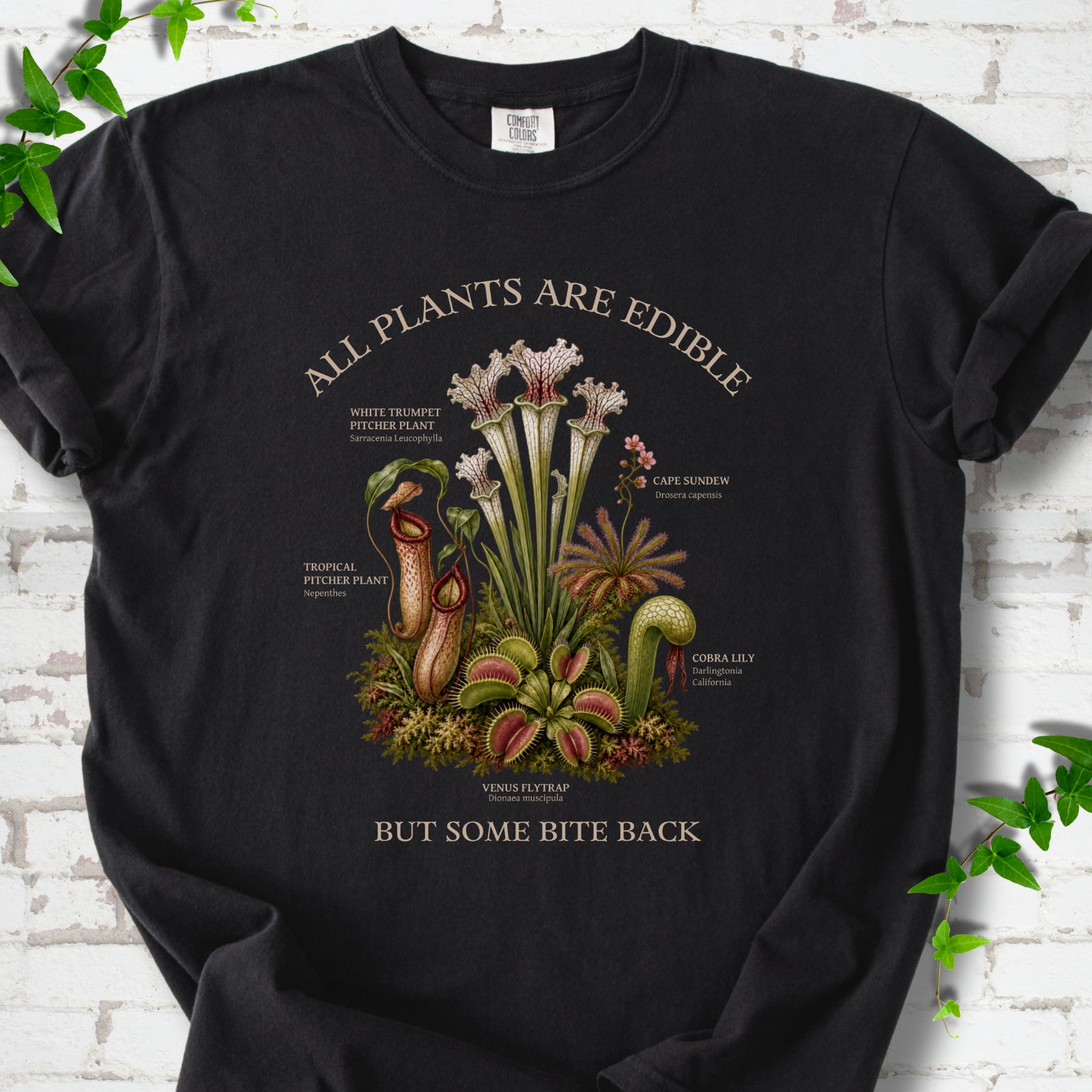 Black Comfort Colors® T-shirt front mockup featuring a botanical illustration of various carnivorous plants including a Venus Flytrap, Pitcher Plants, Cape Sundew, and Cobra Lily.