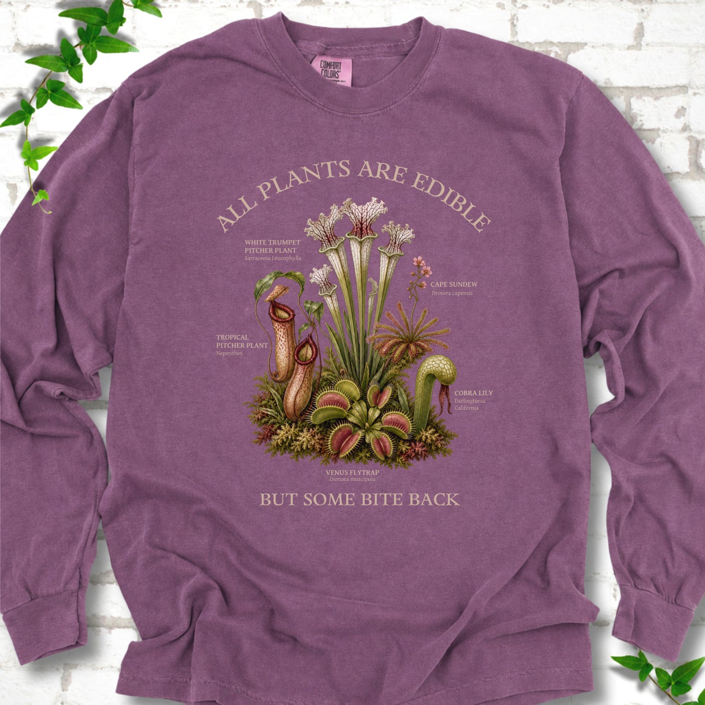 Berry Comfort Colors® long sleeve T-shirt front mockup featuring a botanical illustration of various carnivorous plants including a Venus Flytrap, Pitcher Plants, Cape Sundew, and Cobra Lily.