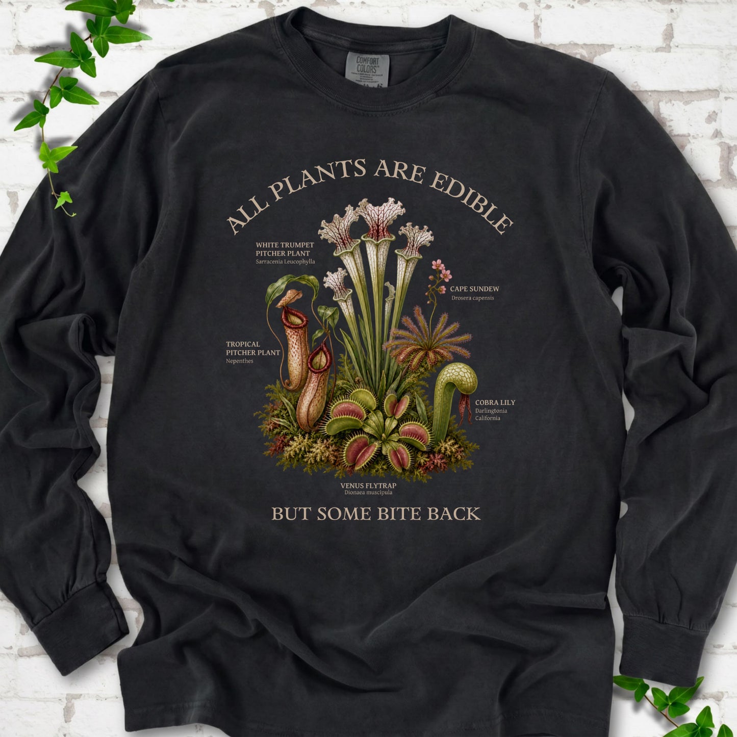Black Comfort Colors® long sleeve T-shirt front mockup featuring a botanical illustration of various carnivorous plants including a Venus Flytrap, Pitcher Plants, Cape Sundew, and Cobra Lily.