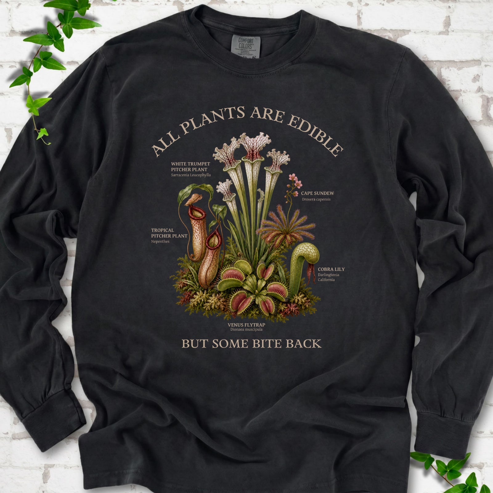 Black Comfort Colors® long sleeve T-shirt front mockup featuring a botanical illustration of various carnivorous plants including a Venus Flytrap, Pitcher Plants, Cape Sundew, and Cobra Lily.