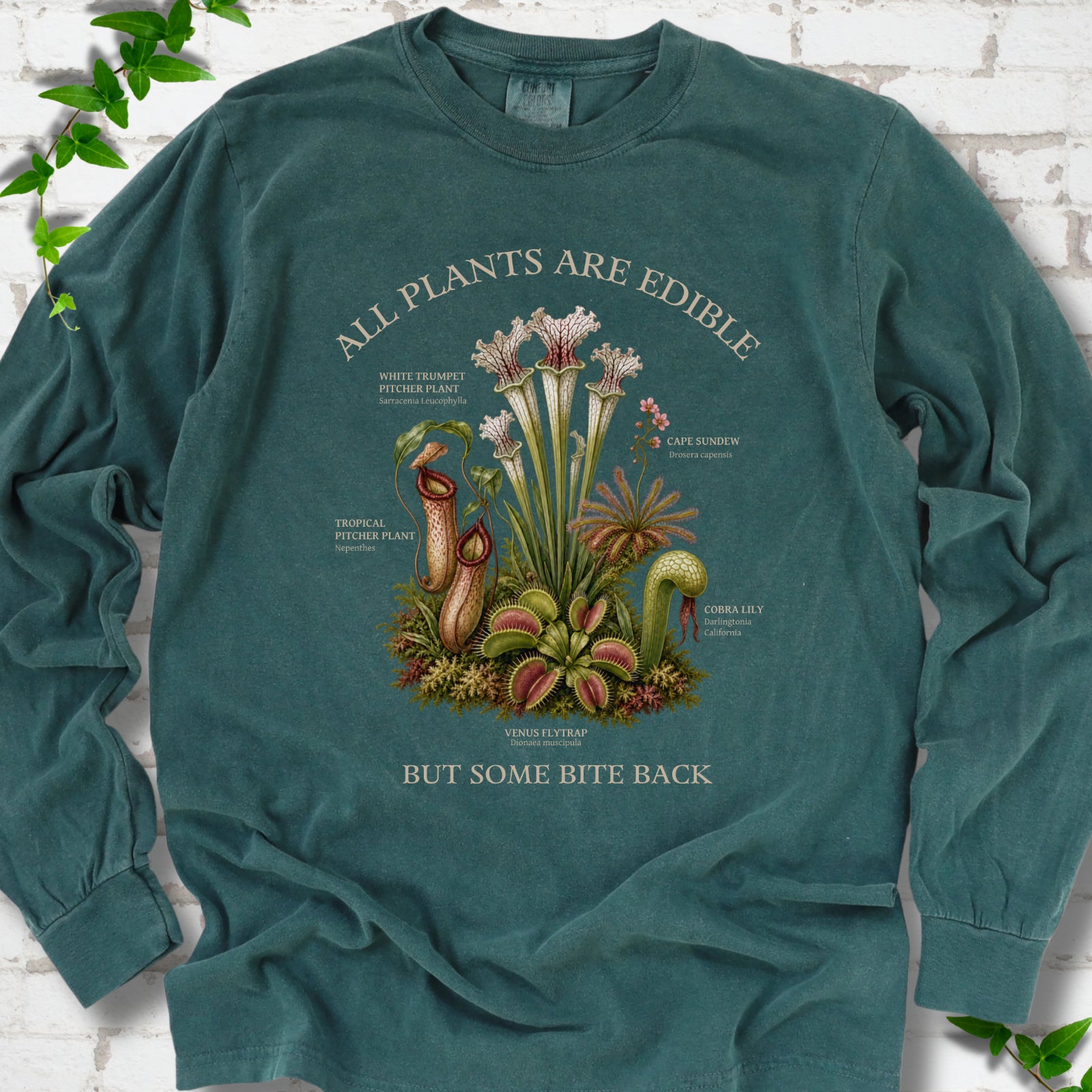 Blue Spruce Comfort Colors® long sleeve T-shirt front mockup featuring a botanical illustration of various carnivorous plants including a Venus Flytrap, Pitcher Plants, Cape Sundew, and Cobra Lily.