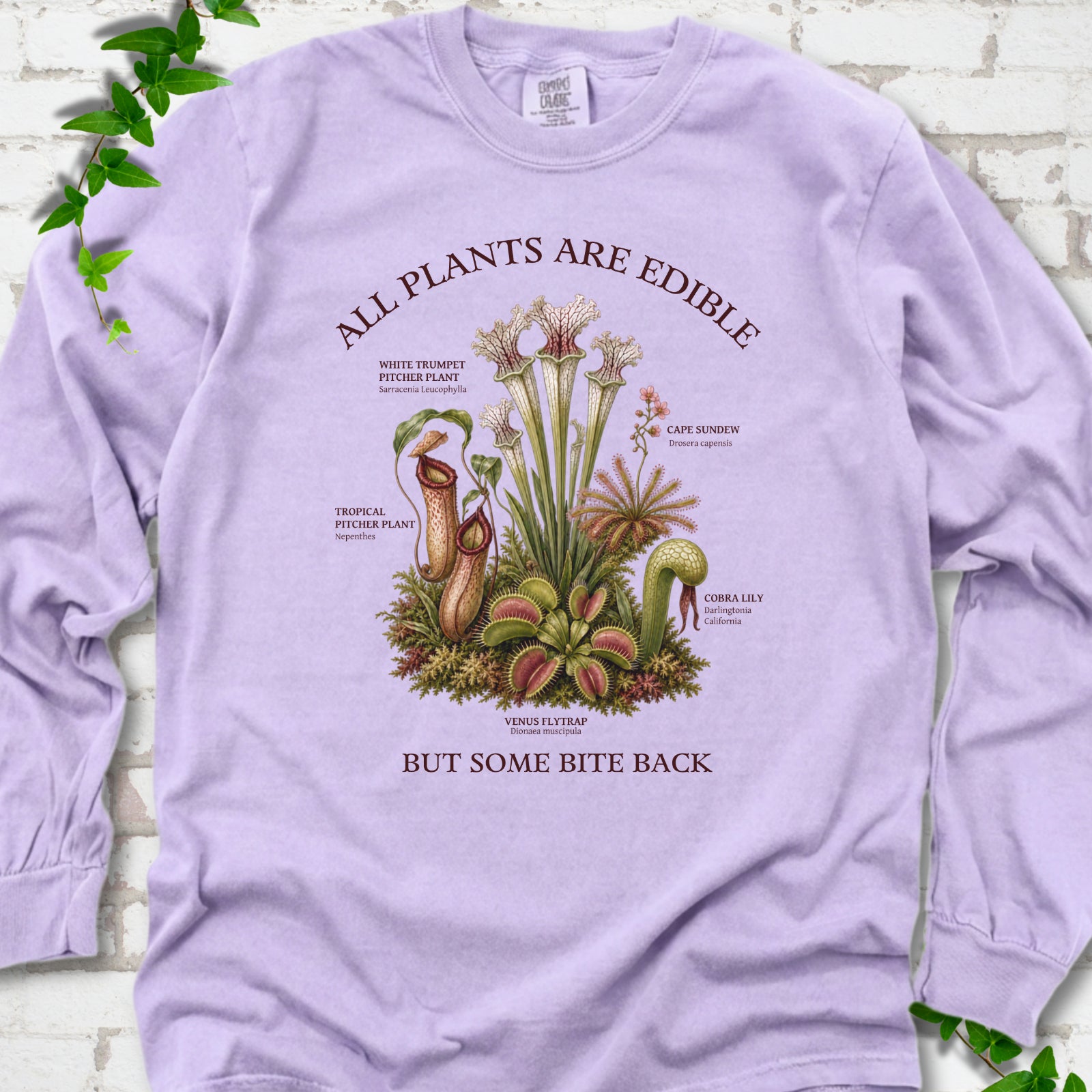 Orchid Comfort Colors® long sleeve T-shirt front mockup featuring a botanical illustration of various carnivorous plants including a Venus Flytrap, Pitcher Plants, Cape Sundew, and Cobra Lily.