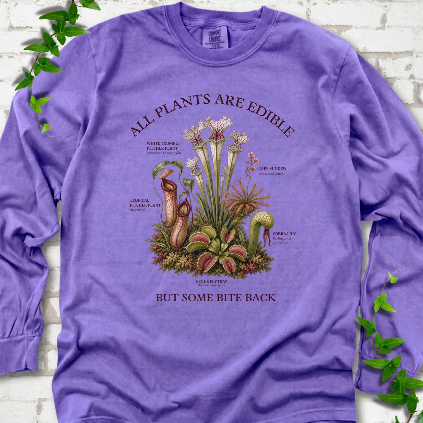 Violet Comfort Colors® long sleeve T-shirt front mockup featuring a botanical illustration of various carnivorous plants including a Venus Flytrap, Pitcher Plants, Cape Sundew, and Cobra Lily.