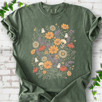 Moss Comfort Colors® T-shirt flat lay featuring a colorful wildflower bouquet with tiny ghosts and skulls.