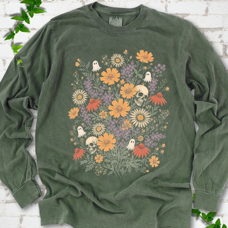 Hemp Comfort Colors® long sleeve T-shirt flat lay featuring a colorful wildflower bouquet with tiny ghosts and skulls.