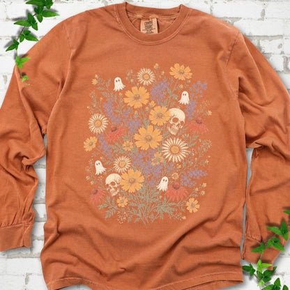 Yam Comfort Colors® long sleeve T-shirt flat lay featuring a colorful wildflower bouquet with tiny ghosts and skulls.