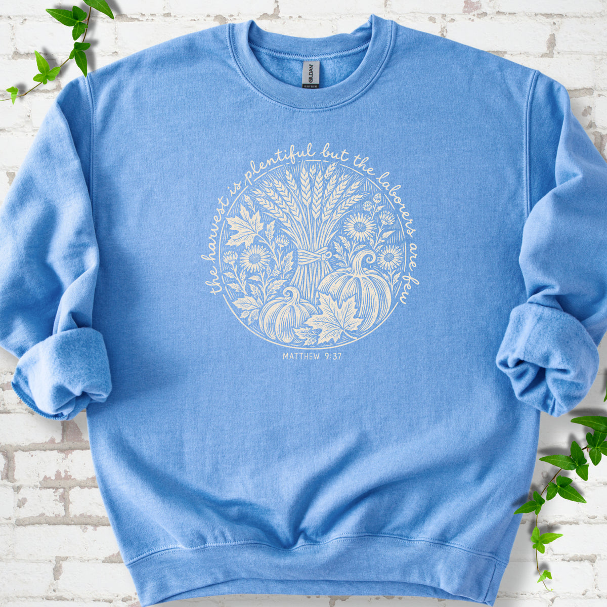 Carolina Blue sweatshirt flat lay with cream wheat, pumpkins and leaves in a harvest circle, the Matthew 9:37 verse around it and its reference below.