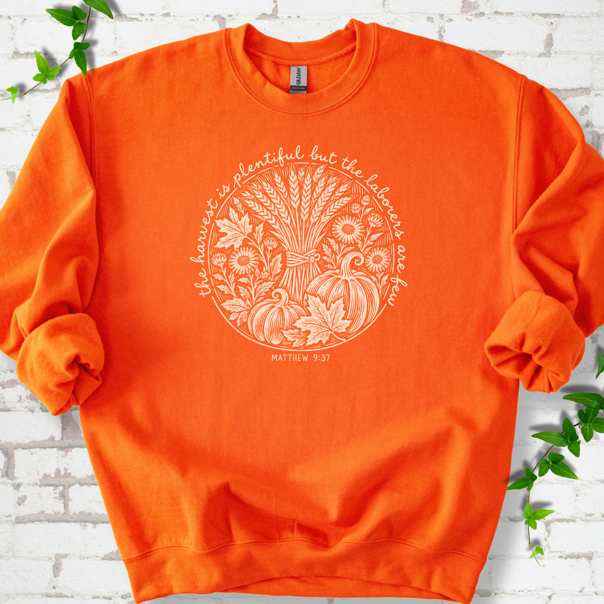 Orange sweatshirt flat lay with cream wheat, pumpkins and leaves in a harvest circle, the Matthew 9:37 verse around it and its reference below.