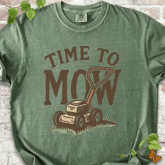 Moss Comfort Colors Tee with retro lawn mower graphic