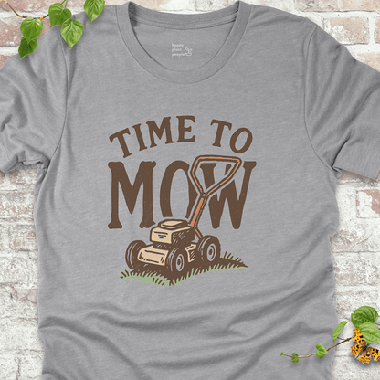 Unisex Bella+Canvas T-shirt in Athletic Heather with vintage-style "Time to Mow" graphic and push mower illustration. Lightweight and breathable for lawn lovers.