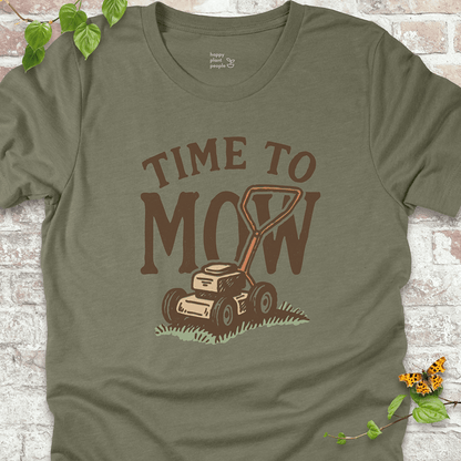 Heather Olive unisex tee with bold “Time to Mow” lawn care graphic. Soft, breathable Bella+Canvas style for plant lovers and yard care fans.