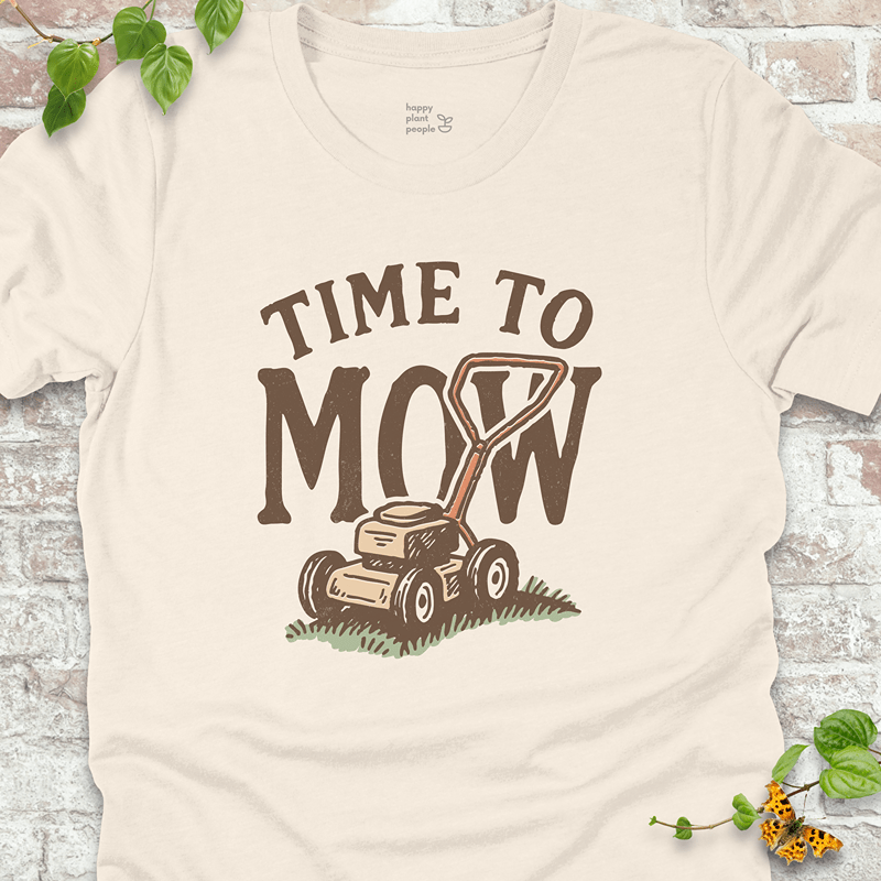 Unisex Natural Bella+Canvas T-shirt featuring brown “Time to Mow” text and vintage push mower artwork. Ideal for mower nerds and garden geeks.