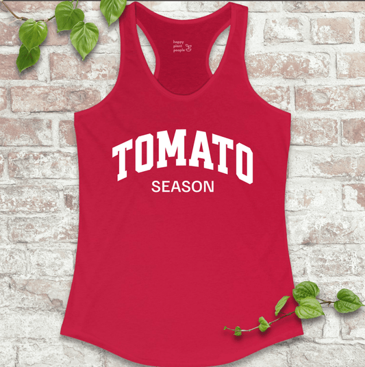 Ladies racerback tank top in red with the words “Tomato Season” printed on the front. Cute summer sleeveless garden shirt for tomato lovers.