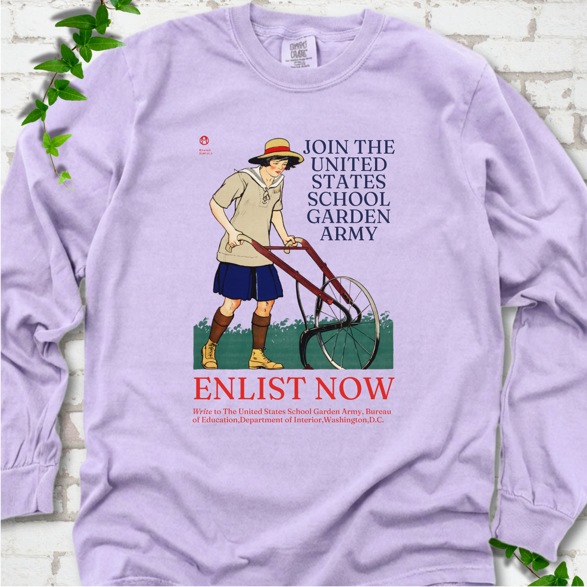 Orchid Comfort Colors® long sleeve shirt featuring Edward Penfield’s 1918 School Garden Army poster with a young gardener, wheel hoe and “Enlist Now” text.