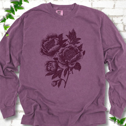 Berry Comfort Colors® long sleeve T-shirt flat lay featuring vintage-style peony line art.