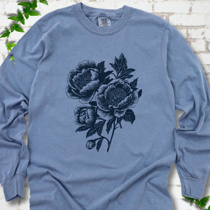 Blue Jean Comfort Colors® long sleeve T-shirt flat lay featuring vintage-style peony line art.
