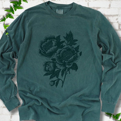 Blue Spruce Comfort Colors® long sleeve T-shirt flat lay featuring vintage-style peony line art.