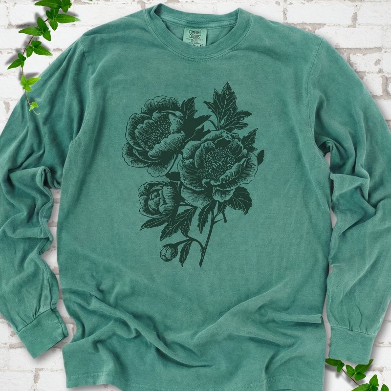 Light Green Comfort Colors® long sleeve T-shirt flat lay featuring vintage-style peony line art.