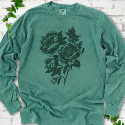 Light Green Comfort Colors® long sleeve T-shirt flat lay featuring vintage-style peony line art.