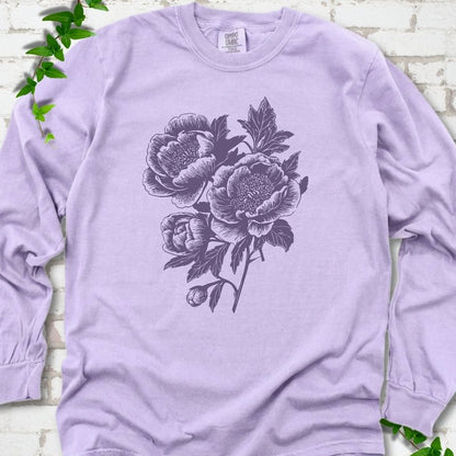 Orchid Comfort Colors® long sleeve T-shirt flat lay featuring vintage-style peony line art.