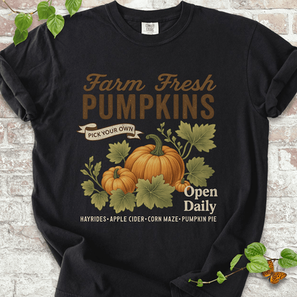 Vintage Pumpkin T-shirt on Comfort Colors™ Black – features a fall harvest design with two hand-drawn pumpkins, leafy vines, and the phrase "Farm Fresh Pumpkins – Pick Your Own"