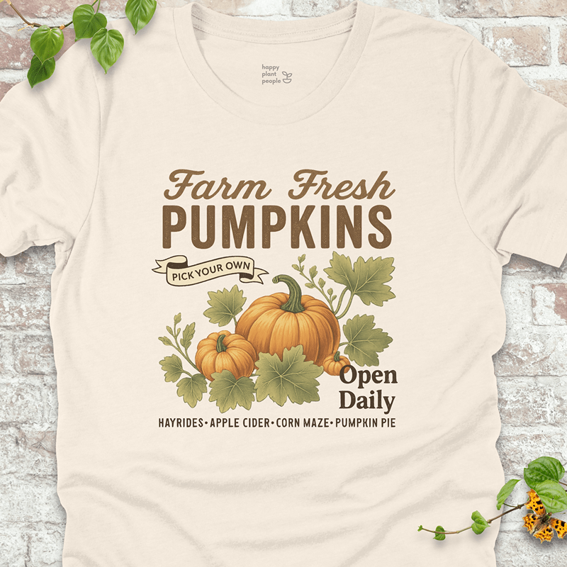 Lightweight garden-inspired tee with a fall pumpkin design on a soft cream shirt, perfect for Thanksgiving