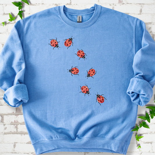 Carolina blue crewneck sweatshirt with seven small red ladybugs walking in a diagonal trail across the chest, flat lay on white brick with ivy