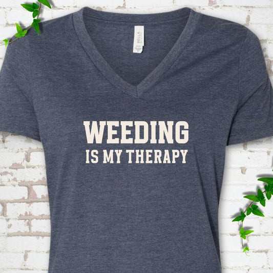 Heather Navy women's V-neck T-shirt with Weeding Is My Therapy text design.